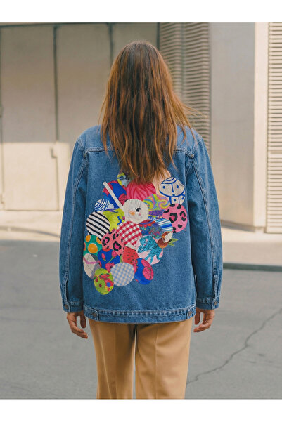 poupee Patchwork Detaylı Uzun Denim Ceket, Kadın Kot Ceket, Mavi Kot ceket