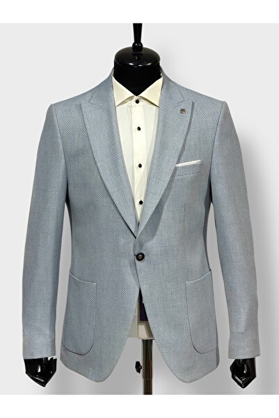 KAMER Men's 6 Drop Single Button Pointed Collar Fishbone Light Blue Jacket 16...