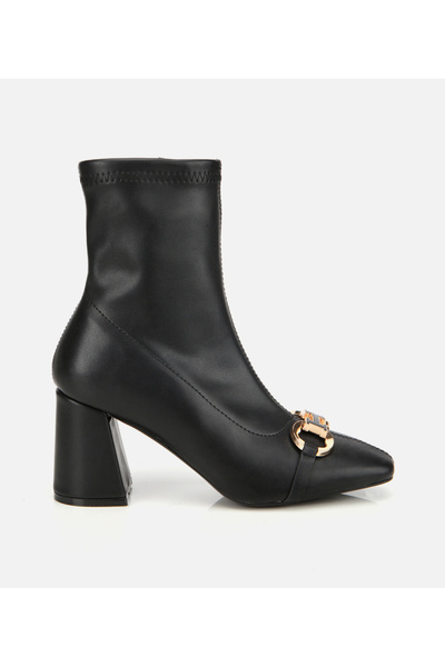 Hotiç Kadın Siyah Tokalı Streç Fermuarlı Yüksek Topuklu Bot