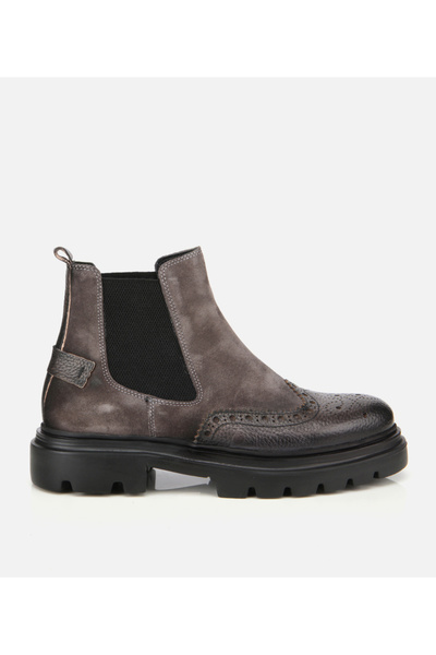 Hotiç Erkek Süet Deri Gri Lastik Detaylı İşlemeli Chelsea Bot
