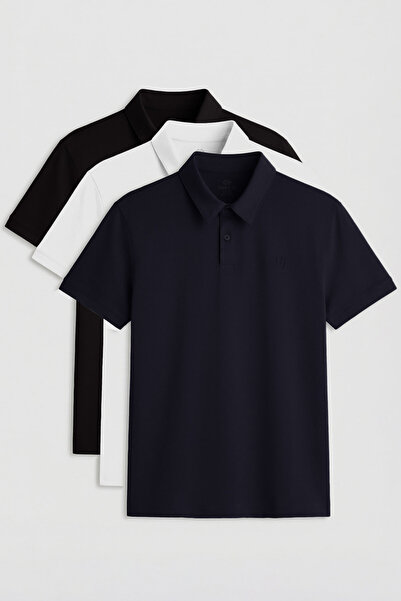 TOMMY LIFE Ανδρικό μπλουζάκι Standard Fit Basic Polo Neck 3 Pack Μαύρο-Λευκό-...