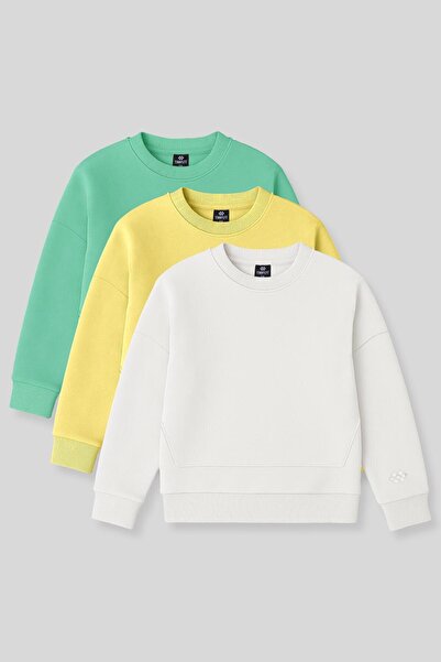 TOMMY LIFE Oversize 3lü Paket Sarı-Ekru-Su Yeşili Kız Çocuk Sweatshirt - 75150