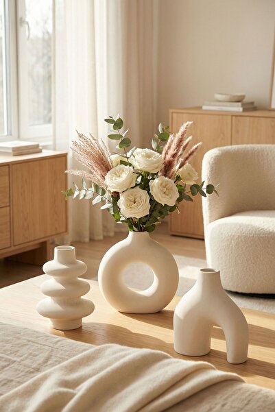 tambana White Decorative Vase Set Object Home Decoration Table Top Decor Vase...