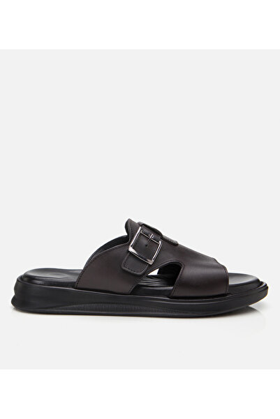 Hotiç Men's Leather Black Light Sole Belt Detailed Slippers