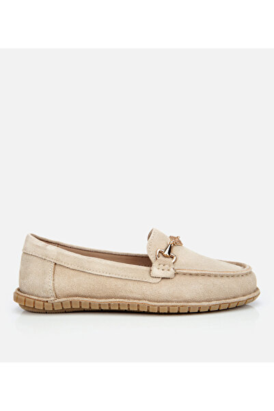 Hotiç Kadın Süet Deri Bej Esnek Tabanlı Tokalı Günlük Loafer
