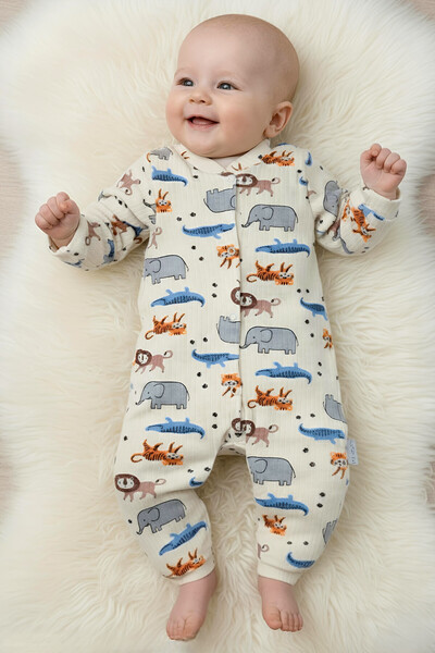 Nexvora Safari Ayak Manşetli Çıt Çıtlı Bebek Tulum 3 Ay,6 Ay,9 Ay Uni