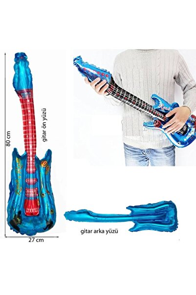 partidolu Retro Disco Gitar Şekilli Folyo Balon Mavi Renk 80x27 cm 1 Adet