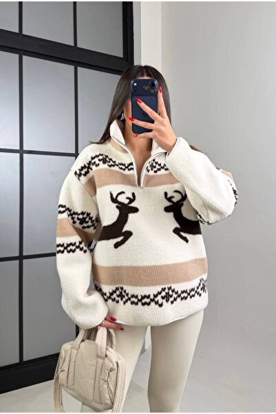 MATTİMODA Geyik Desenli Yarım Fermuar Peluş Sweatshirt