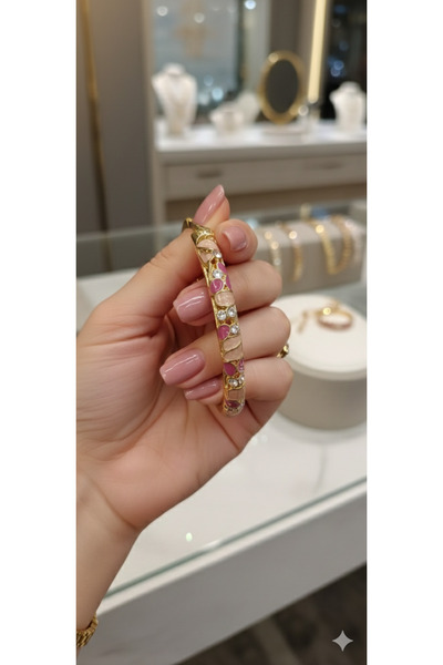 NAS fashion Taşlı Mineli Çelik Pembe Kelepçe Bileklik