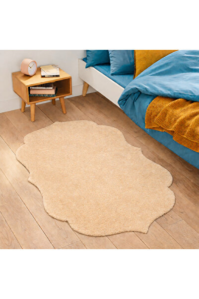 Lagom Life Bej Marjinal Peluş Halı Dekoratif Lazer Kesim Peluş Halı Oda Halısı