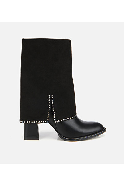 Hotiç Kadın Siyah Pantolon Görünümlü Zımbalı Kalın Topuklu Bot