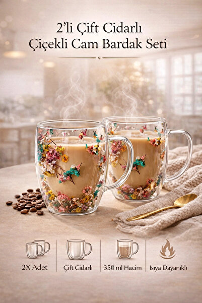 Madamev 2'li Çift Cidarlı Flower Cup 350ml Çiçekli Bardak Kahve Çay Bardağı E...