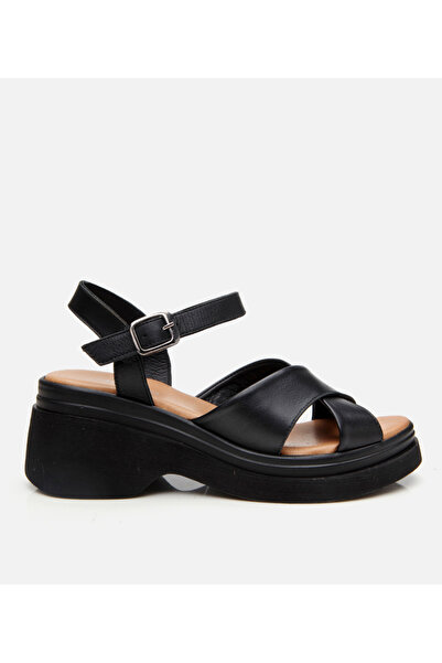 Hotiç Women's Leather Black Wedge Heeled Sandals