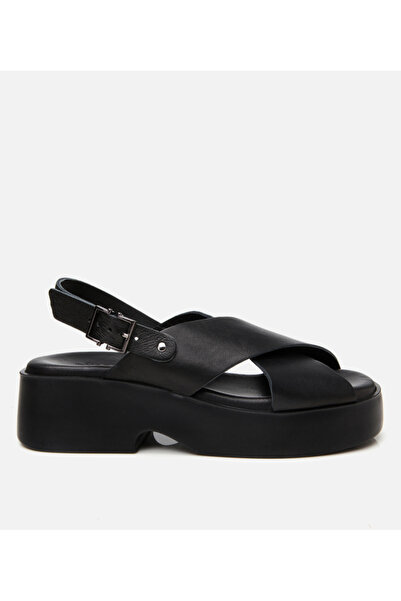 Hotiç Women's Leather Black Belted Wedge Heeled Sandals