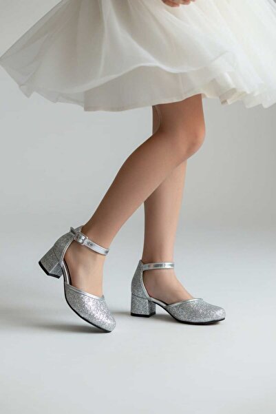 PATİK BEBE Rochie de seara argintie pentru fete Pantofi cu toc patrat din sti...