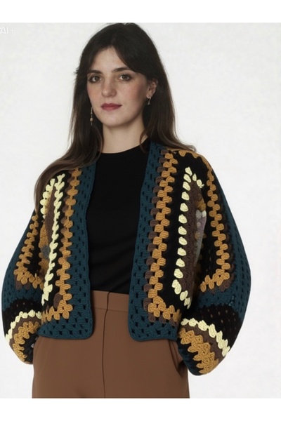 Tanem Çarşı Cardigan Cotton Short Hand Knitted Design Colorful