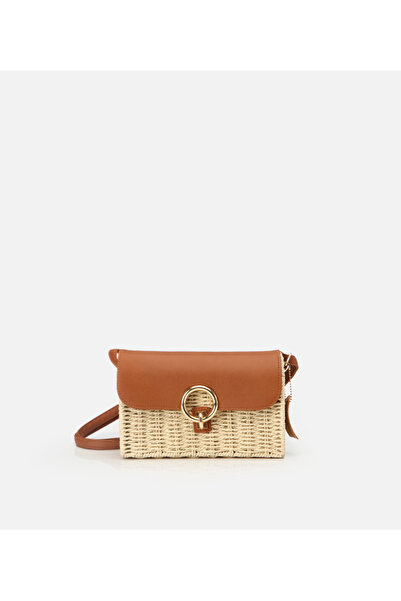 Hotiç Kadın Hasır Bej Kilit Detaylı Çapraz Çanta