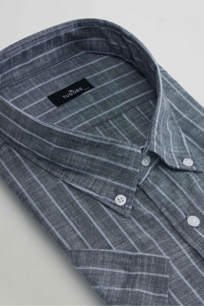 Tudors Men's Big Size Plus Size Short Sleeve Striped Buttoned Collar Single P...