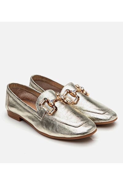 Hotiç Echtes Leder Gold Damen Schnalle Loafer