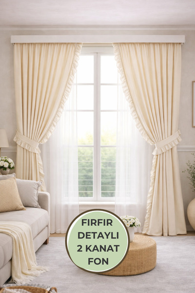 perde plus Dikey Fırfırlı Pamuklu Fon Perde Bohem Tarz 2 Kanat