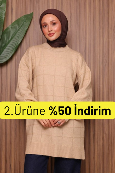 Balenbi Tunica tricotată cu textura pătrată supradimensionat Yumoş Tesettür 7012