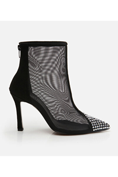 Hotiç Women's Black Tulle/Stone Detailed Heeled Boots