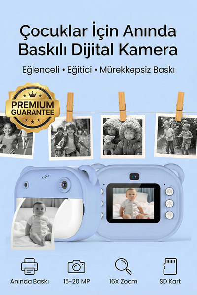 4 Berry C10 Çocuk Kamerası – HD Ekranlı, Termal Etiket ve Fotoğraf Baskı, Mavi