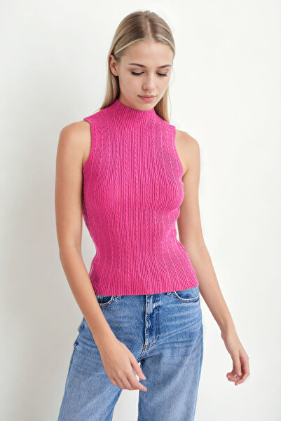 Vitrin High Neck Knit Pattern Zero Sleeve Knitwear Blouse