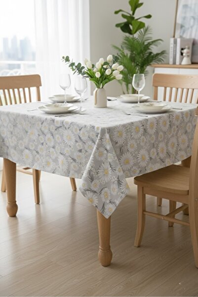 Rona Home Gray Daisy Patterned Digital Print Tablecloth Stain Resistant Quali...
