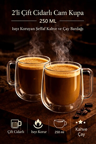 Berdina Home 2li Çift Cidarlı Bardak 250 ml Ev Ofis Çay Fincanı Kahve Sunum B...