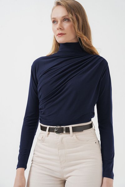 Hiccup Bdart Drape Detailed Bodycon Mock Neck Blouse
