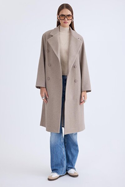 Vitrin Düğmeli Uzun Kaşe Kaban