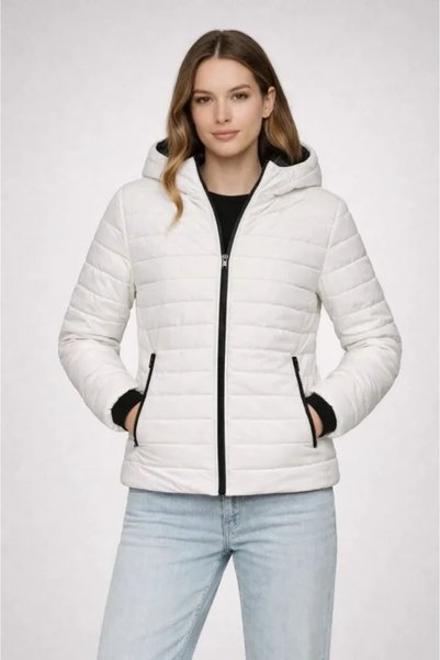 Generic Brand Puffer Hooded Zip Jacket Water-Repellent Quilted Lined Fabric Pocketed Winter Relaxed Fit - Cream