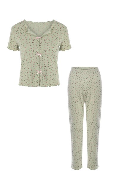 koza iç giyim Women's Short-Sleeved Bow-Detail Corded Fabric Pajama Set
