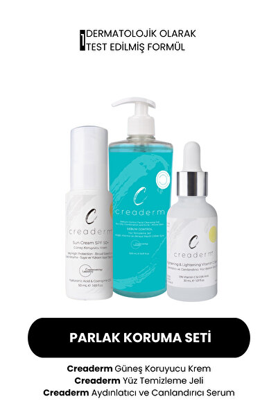 CREADERM Parlak Koruma Seti (Yüz Yıkama Jeli & C Vitamini Serum & Güneş Kremi)