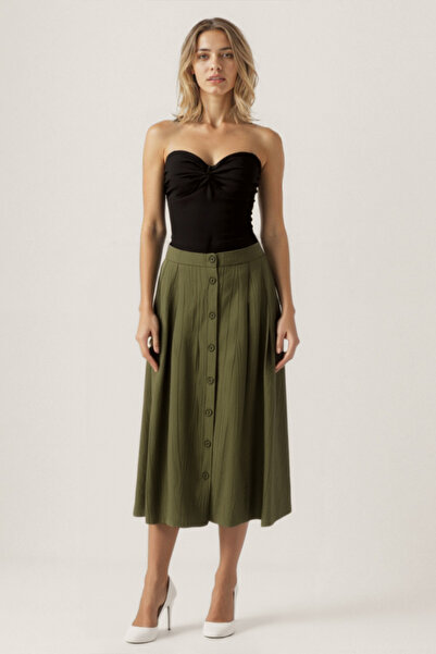 Vitrin Önü Düğmeli Midi Boy Etek