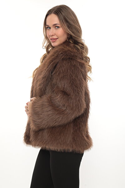 izellas Serenite Oversize Kahve Suni Kürk Ceket •Rahat Kalıp•