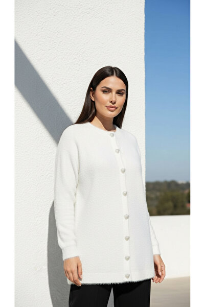 Curly Bone Color Stone Button Cardigan