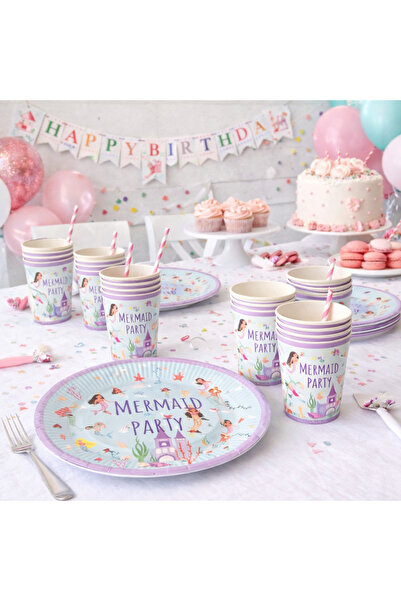 Partifabrik أطباق وأكواب من الورق المقوى بتصميم حورية البحر، 8 أطباق و8 أكواب