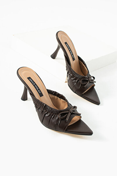 diclepolat Women's Brown Drawstring Bow Detailed Pointed Toe Stylish Heeled S...