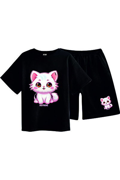HOFFNUNG Unisex Casual Short Sleeve Set with Pink Kitten Print Outdoor Spring...