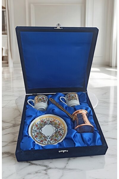 Nihal Süeda طقم أكواب بورسلين مزدوج مع صندوق مخملي ووعاء قهوة نحاسي