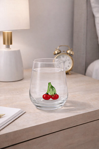 Crystal passion El Yapımı Cam Kiraz Figürlü Bardak Şeffaf Dekoratif Cam Su Ba...