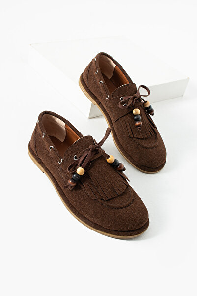 diclepolat Women's Brown Suede Tasseled Beaded Loafer Shoes - Comfortable Moc...