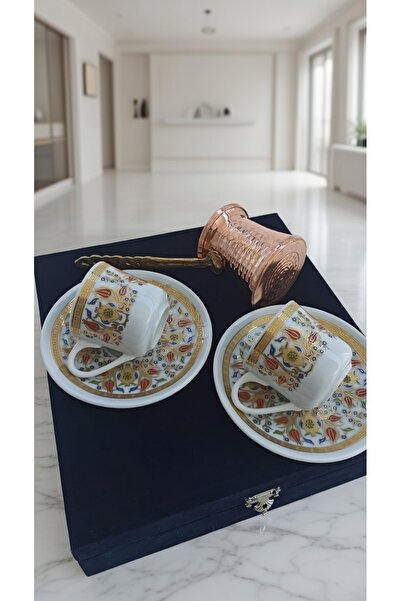 Nihal Süeda Velvet Boxed Copper Coffee Pot Palace Model Double Porcelain Cup Set