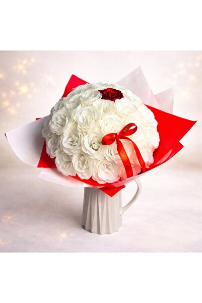 velve Buchet Luxury White Glow, 51 trandafiri artizanali cu sclipici, cadou e...