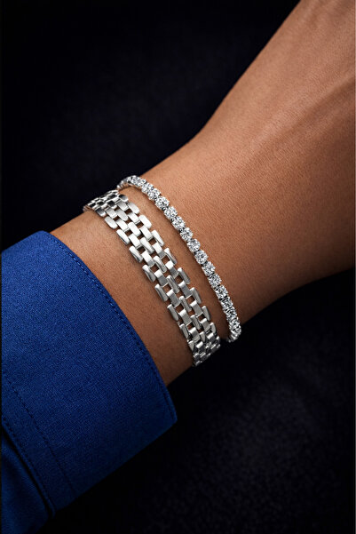 Crc Bijuteri سوار نسائي فضي اللون مكون من قطعتين