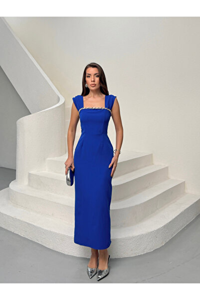 MODA DURAĞI فستان سهرة أزرق متوسط الطول بتفاصيل لؤلؤية لحفلات العودة للوطن