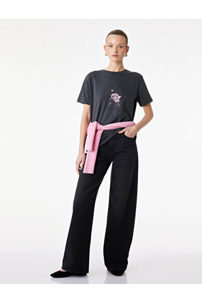 Koton Tricou din bumbac cu mânecă scurtă guler rotund Rose Flower cu imprimeu