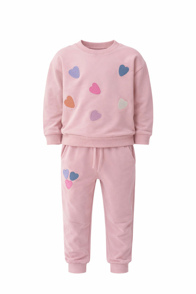 CQCQ Kız Çocuk Pamuklu 2 İplik Eşofman Takımı – %100 Pamuk Kalpli Model